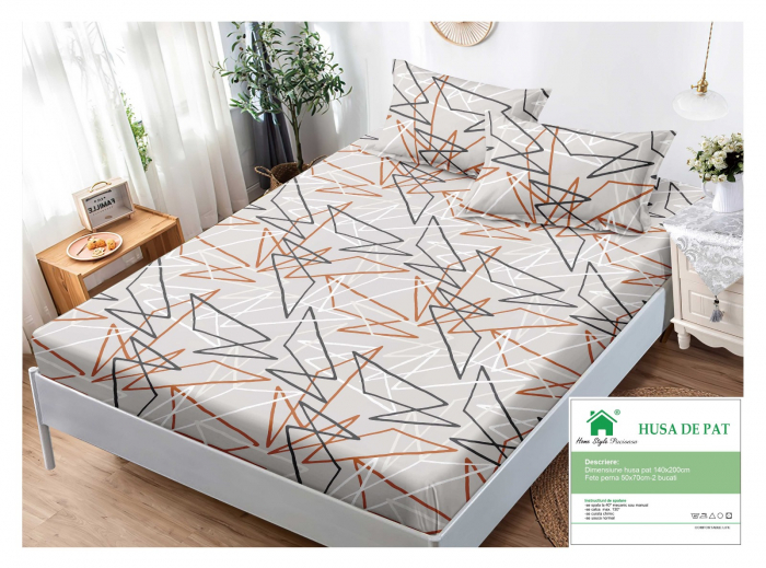 Husa Din Finet Cu Elastic Si Fete De Perna 140x200cm - Linii Desenate [1]