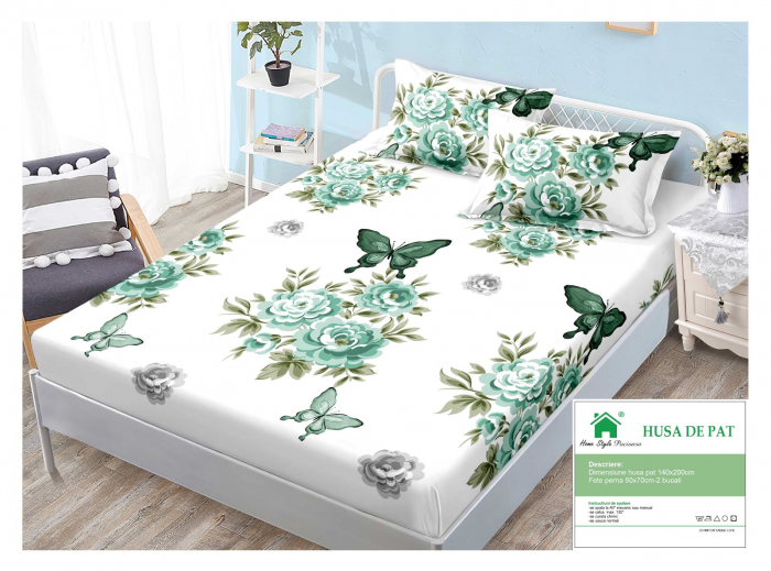 Husa Din Finet Cu Elastic Si Fete De Perna 140x200cm - Trandafiri Verzi [1]