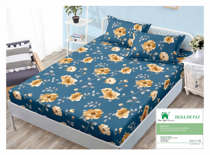 Husa Din Finet Cu Elastic Si Fete De Perna 160x200cm - Albastra Cu Flori Galbene [1]