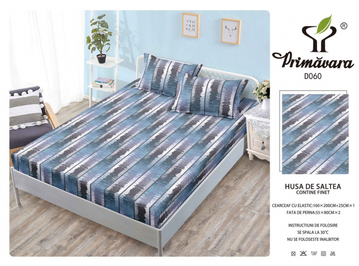 Husa Din Finet Cu Elastic Si Fete De Perna 160X200cm - Albastru Hasurat [1]