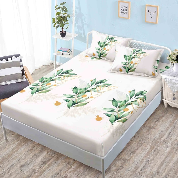 Husa Din Finet Cu Elastic Si Fete De Perna 160X200cm - Frunze Verzi [1]