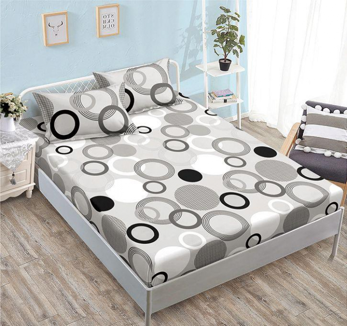 Husa Din Finet Cu Elastic Si Fete De Perna 160x200cm - Gri Cu Cercuri Negre [1]