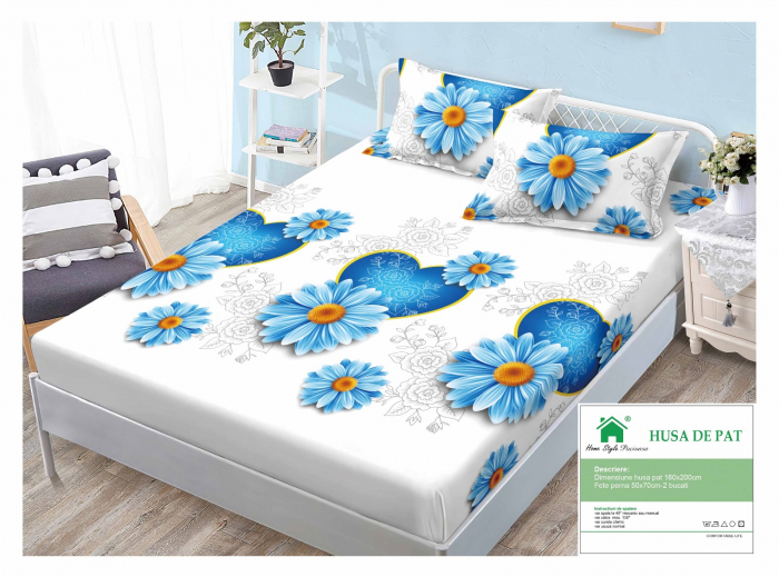 Husa Din Finet Cu Elastic Si Fete De Perna 160x200cm - Margarete Bleu [1]