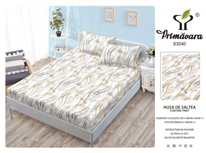 Husa Din Finet Cu Elastic Si Fete De Perna 160X200cm - Panglici Gri Si Bej [1]