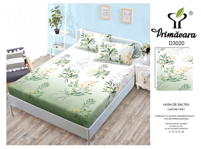 Husa Din Finet Cu Elastic Si Fete De Perna 160X200cm - Verde Cu Frunze [1]