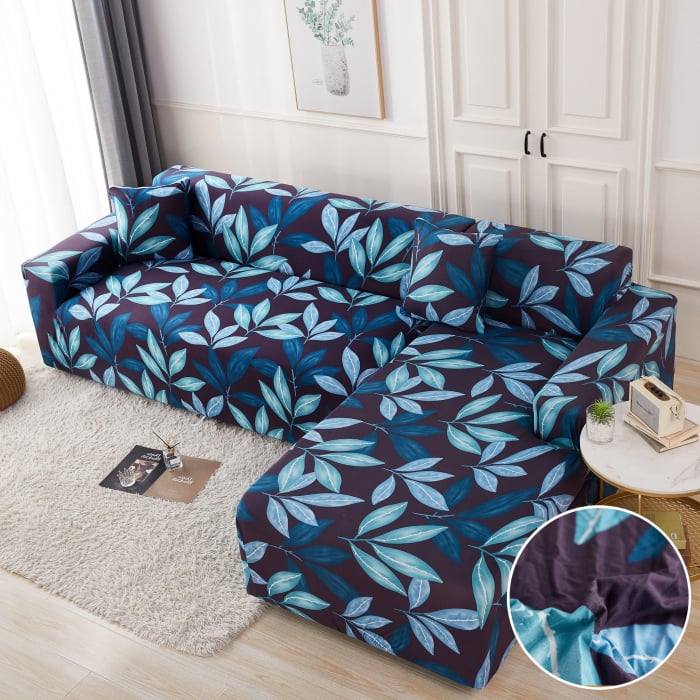 Husa Elastica Pentru Fotoliu/ Canapea/ Coltar - Albastru Cu Frunze [1]