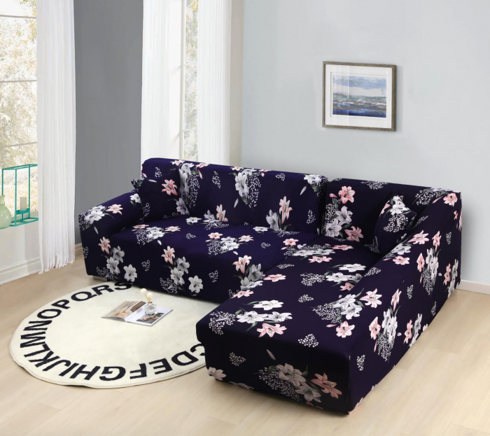 Husa Elastica Pentru Fotoliu/ Canapea/ Coltar - Bleumarin Cu Crini [1]