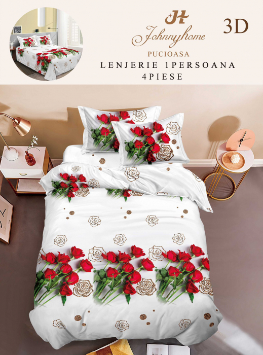 Lenjerie Bumbac Satinat 1 Persoana 3D - Tigru Si Trandafiri [1]