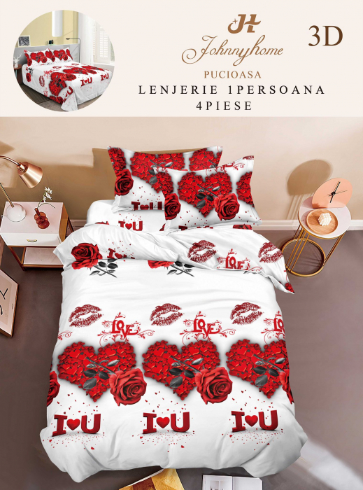 Lenjerie Bumbac Satinat 1 Persoana 3D - Fire Trandafiri [1]