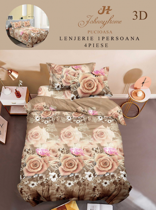 Lenjerie Bumbac Satinat 1 Persoana 3D - Floare Alba [1]