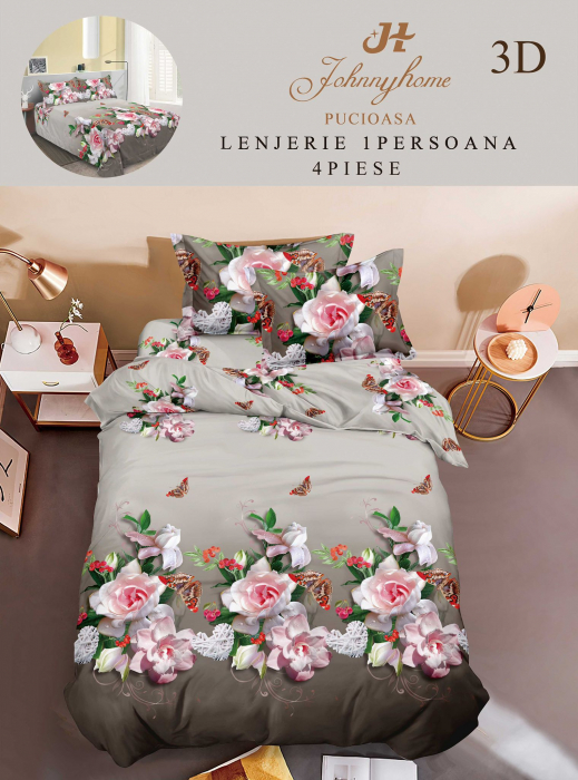 Lenjerie Bumbac Satinat 1 Persoana 3D - Trandafiri Si Inimioare [1]