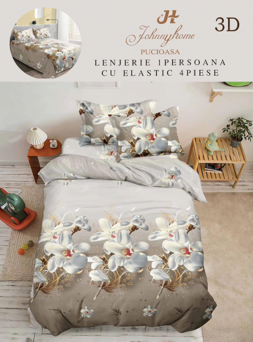 Lenjerie Bumbac Satinat 1 Persoana 3D - Bej Floral [1]