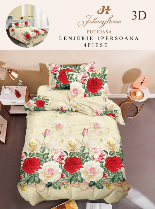 Lenjerie Bumbac Satinat 1 Persoana 3D - Crem Trandafiri [1]
