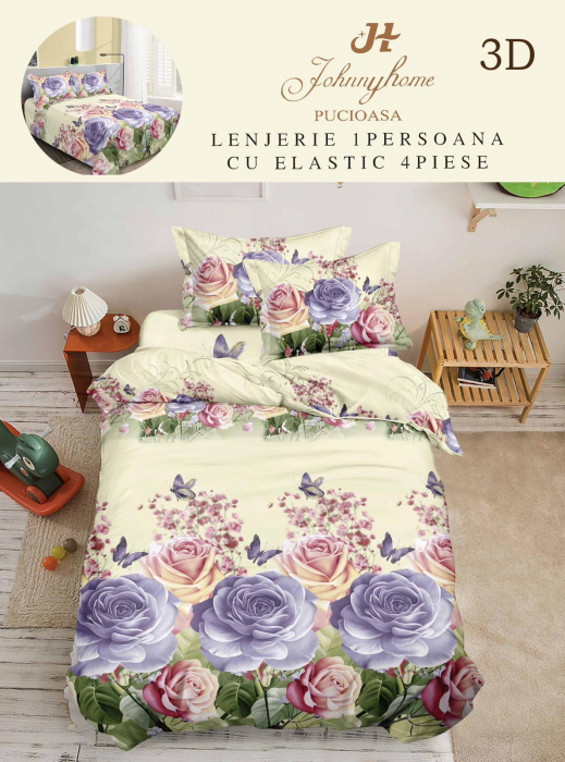 Lenjerie Bumbac Satinat 1 Persoana 3D - Crem Trandafiri Lila [1]