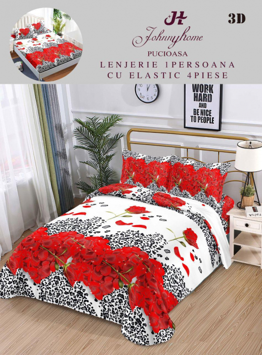 Lenjerie Bumbac Satinat 1 Persoana 3D - Inimi Din Petale Rosii [1]