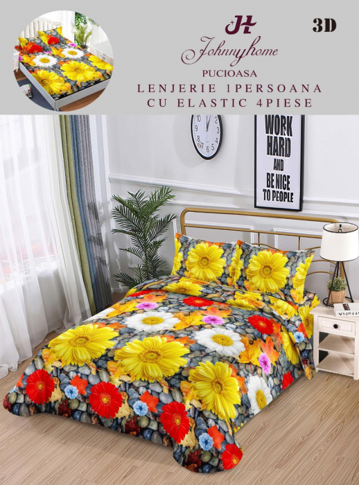 Lenjerie Bumbac Satinat 1 Persoana 3D - Margarete Galbene [1]