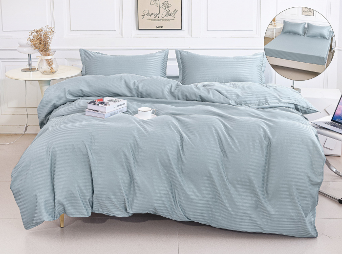 Lenjerie Damasc Satinat Subtire 4 Piese Cu Elastic - Bleu [1]