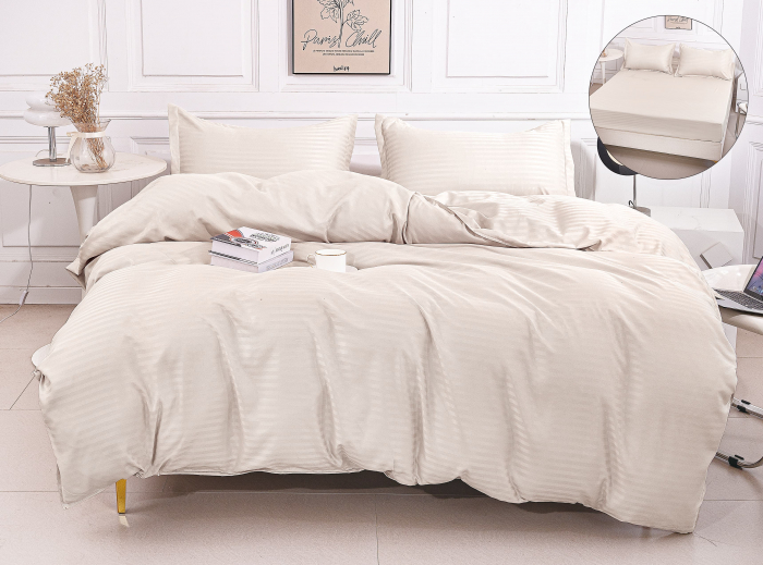 Lenjerie Damasc Satinat Subtire 4 Piese Cu Elastic - Crem [1]