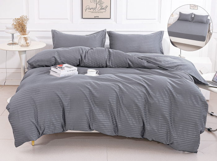 Lenjerie Damasc Satinat Subtire 4 Piese Cu Elastic - Gri [1]
