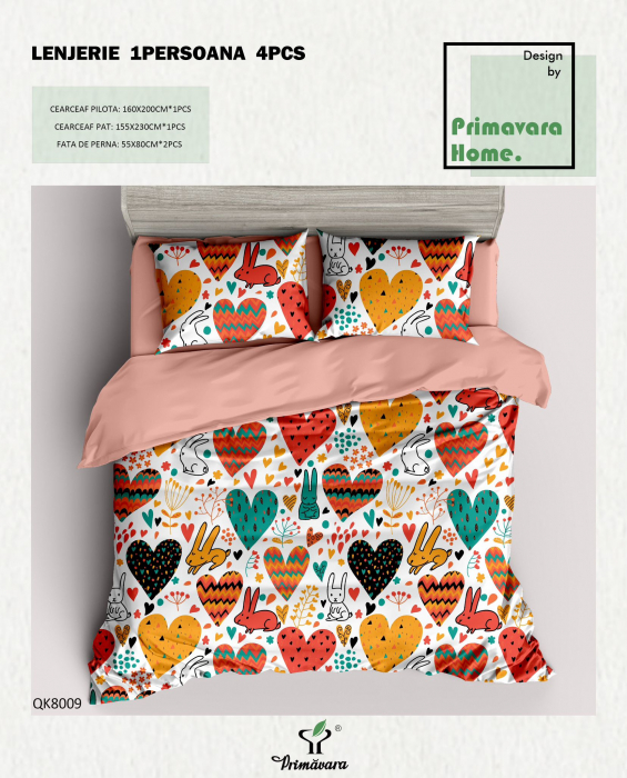 Lenjerie De Pat 100% Bumbac 1 Persoana - Inimioare Si Iepurasi [1]