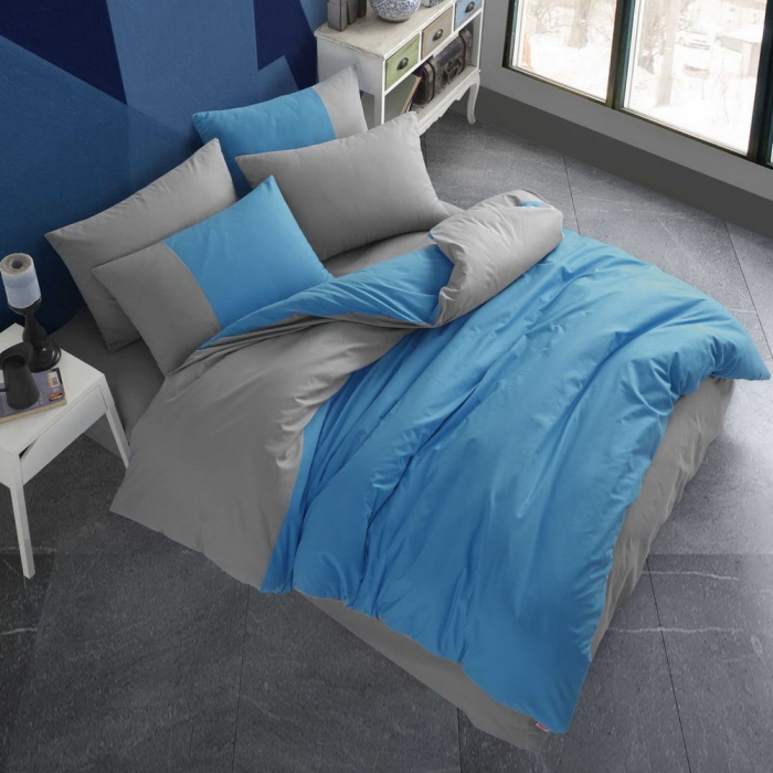 Lenjerie De Pat Bumbac 100% Poplin 1 Persoana - Albastru Si Gri [2]