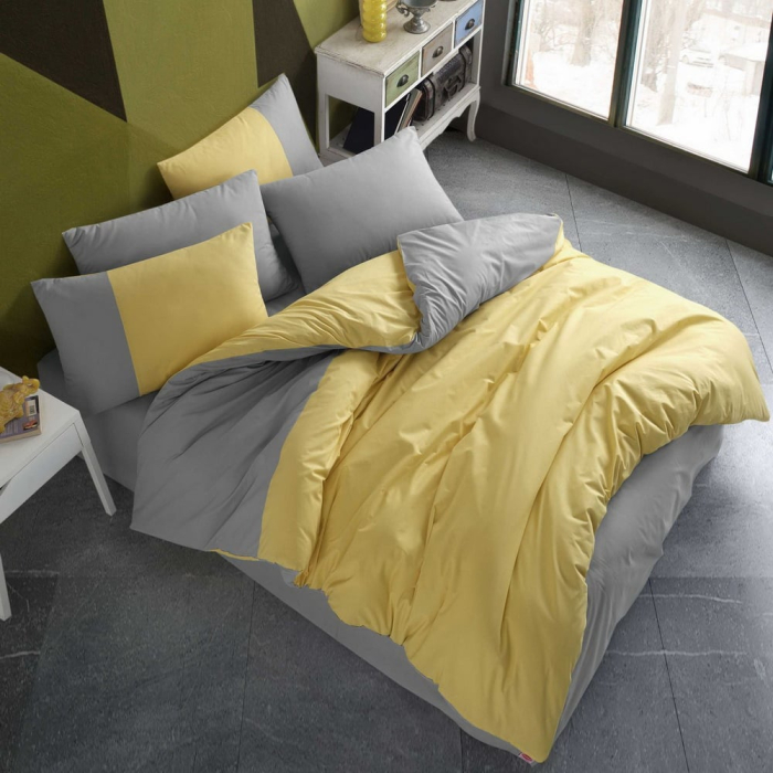 Lenjerie De Pat Bumbac 100% Poplin 1 Persoana - Galben Si Gri [2]