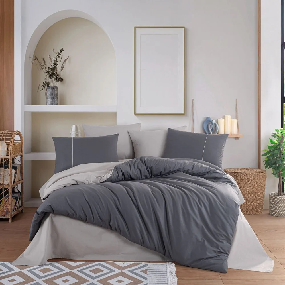 Lenjerie De Pat Bumbac 100% Poplin Bicolor HOBBY - Bej Si Gri Antracit [2]