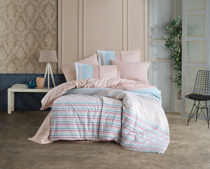 Lenjerie De Pat Bumbac 100% Poplin HOBBY - Dungi Roz Pudra Si Bleu [1]