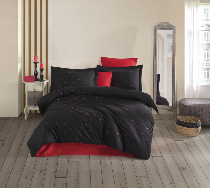 Lenjerie De Pat Bumbac 100% Poplin HOBBY - Negru Cu Inimioare Rosii Brodate [1]