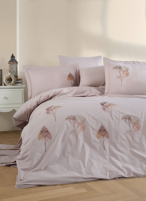 Lenjerie De Pat Bumbac 100% Poplin HOBBY Premium Cu Broderie - Frunze Si Floricele Brodate [3]