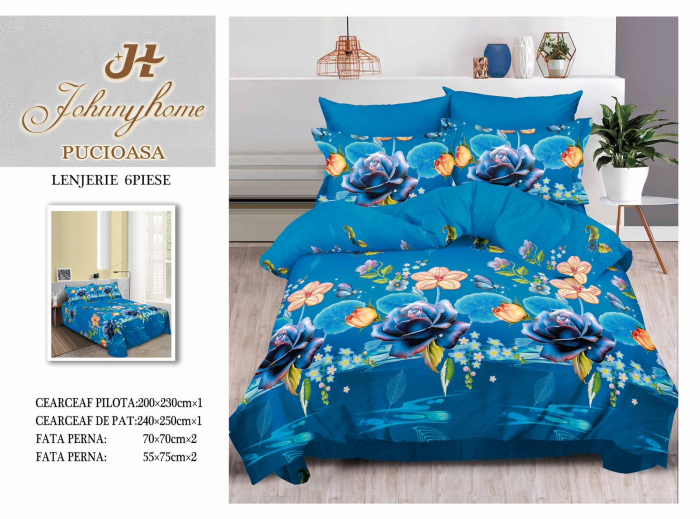 Lenjerie De Pat Bumbac Satinat 3D 6 Piese - Albastru Marin Floral [1]