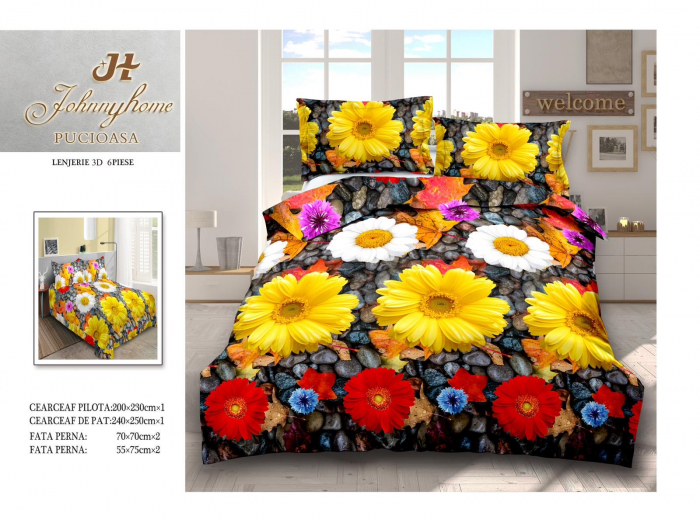 Lenjerie De Pat Bumbac Satinat 3D 6 Piese - Margarete Colorate [1]