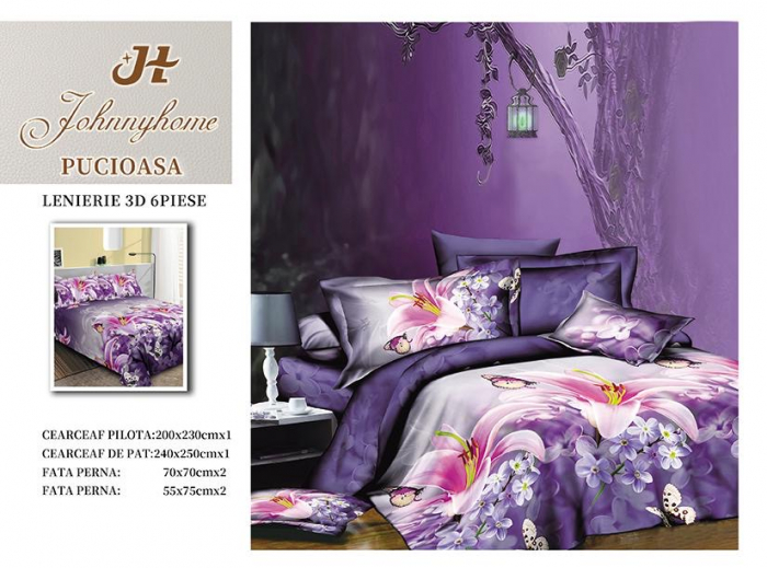 Lenjerie De Pat Bumbac Satinat 3D 6 Piese - Mov Cu Crini [1]
