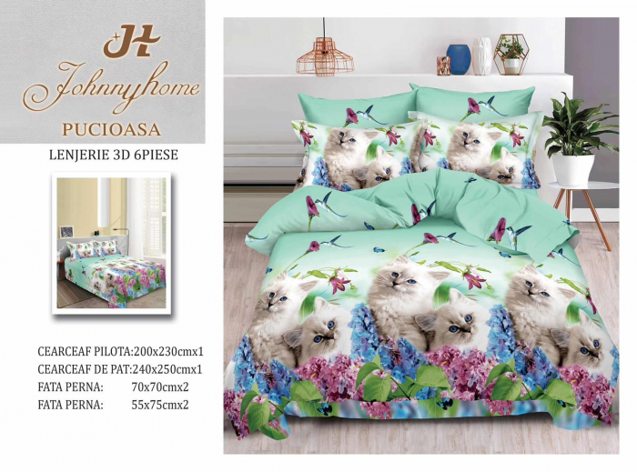 Lenjerie De Pat Bumbac Satinat 3D 6 Piese - Pisicute Si Flori De Liliac [1]