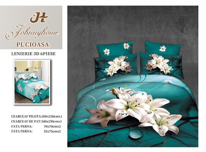 Lenjerie De Pat Bumbac Satinat 3D 6 Piese - Verde Cu Crin Alb [1]