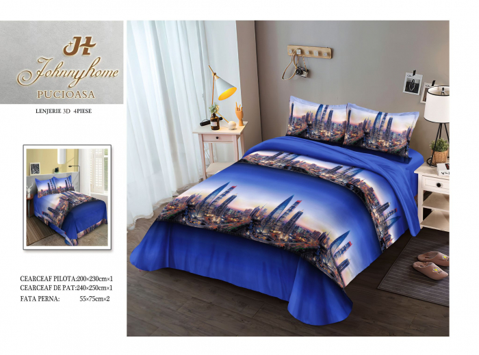 Lenjerie De Pat Bumbac Satinat 3D - Blue City [2]