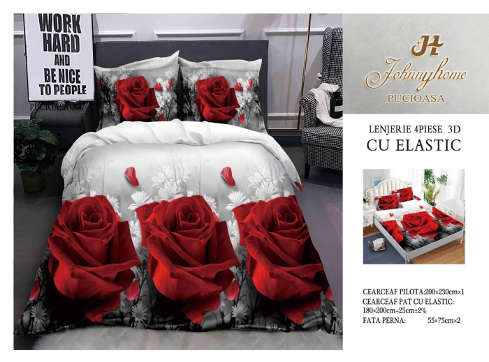 Lenjerie De Pat Bumbac Satinat 3D Cu Elastic - Gri Cu Trandafiri Rosii [1]