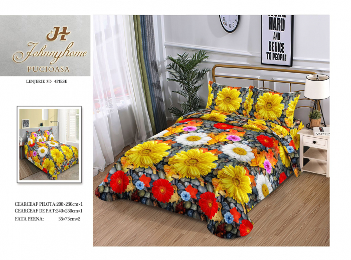 Lenjerie De Pat Bumbac Satinat 3D - Floricele Colorate [2]
