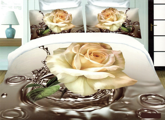 Lenjerie De Pat Bumbac Satinat 3D -  Trandafir Galben [1]