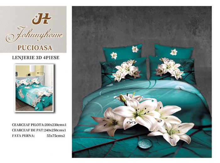 Lenjerie De Pat Bumbac Satinat 3D - Turcoaz Floral [2]