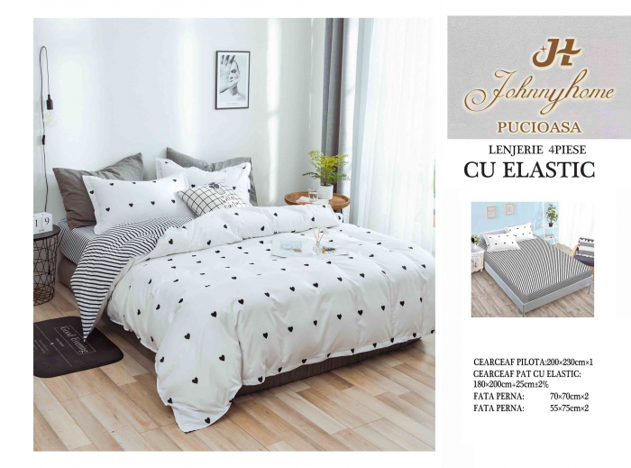 Lenjerie De Pat Bumbac Satinat Cu Elastic - Alb Cu Inimioare Negre [1]