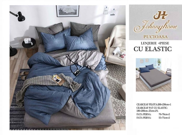 Lenjerie De Pat Bumbac Satinat Cu Elastic - Bicolor Gri - Albastru [1]