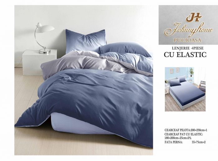 Lenjerie De Pat Bumbac Satinat Cu Elastic - Bicolor Bleumarin [1]