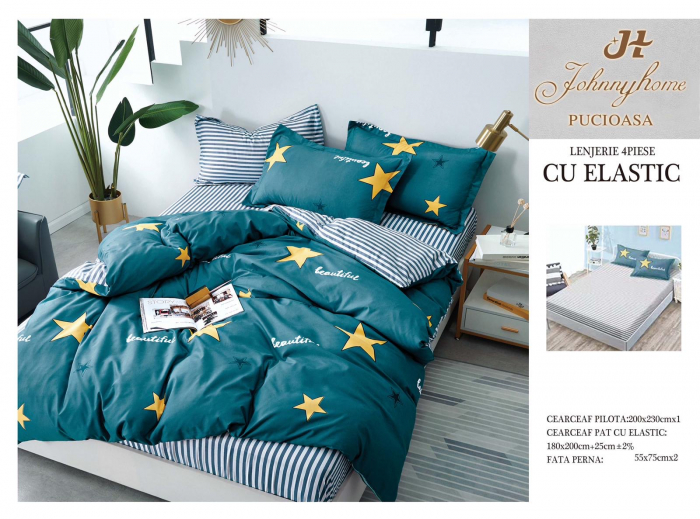 Lenjerie De Pat Bumbac Satinat Cu Elastic - Verde Cu Stelute Galbene [1]
