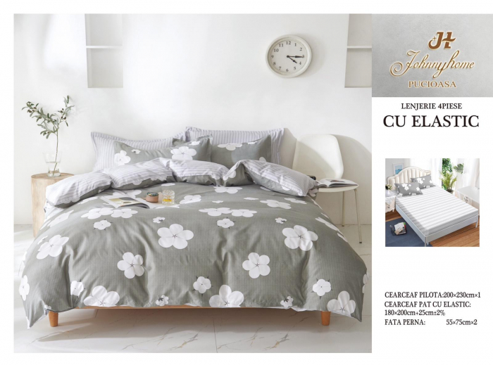 Lenjerie De Pat Bumbac Satinat Cu Elastic - Gri Cu Floricele [1]