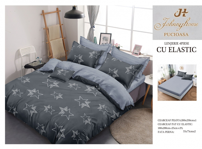 Lenjerie De Pat Bumbac Satinat Cu Elastic - Gri Cu Stele [1]