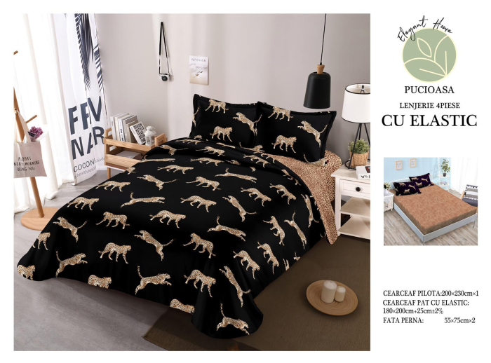 Lenjerie De Pat Bumbac Satinat Cu Elastic - Leoparzi [2]
