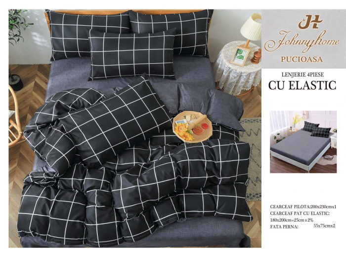 Lenjerie De Pat Bumbac Satinat Cu Elastic - Negru Cu Patratele [1]