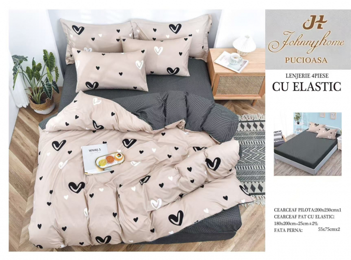 Lenjerie De Pat Bumbac Satinat Cu Elastic - Bej Cu Inimioare [1]