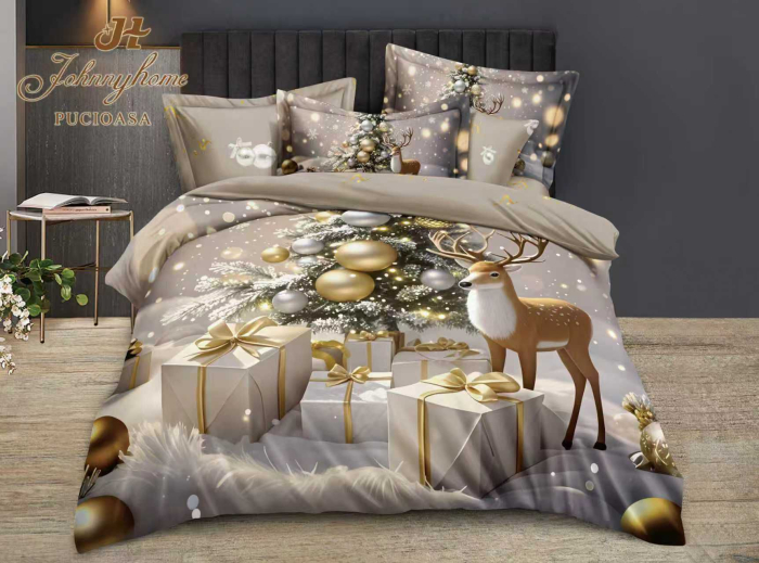 Lenjerie De Pat Bumbac Tip Finet Model Craciun - Ren De Sarbatori [1]